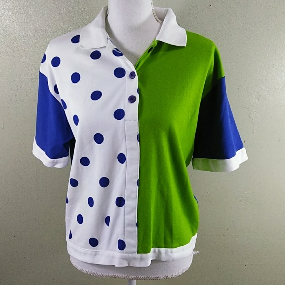 Vintage Pronto Gold 100% Cotton Color Block Top with Dots - L - NWT